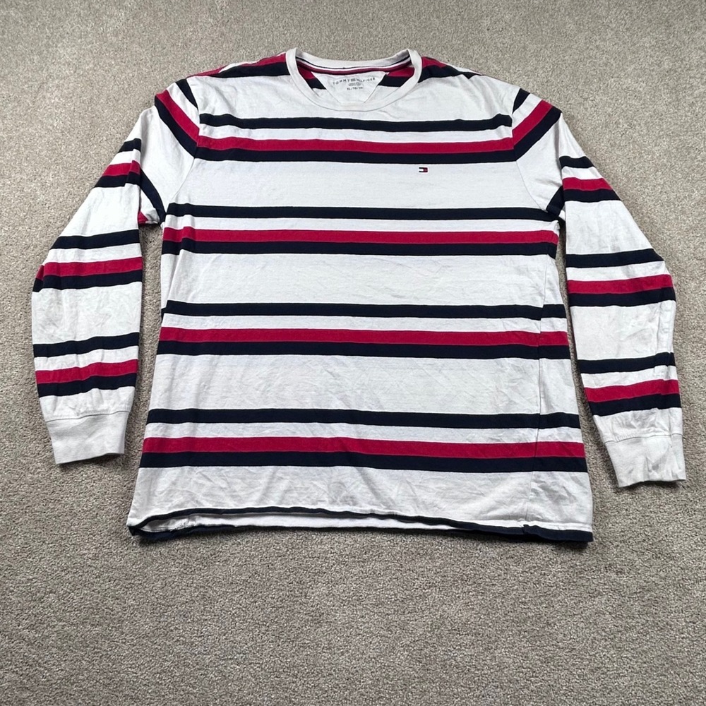 Tommy Hilfiger Mens XL Long Sleeve Striped T-Shirt White Navy Red Crew Neck 1462